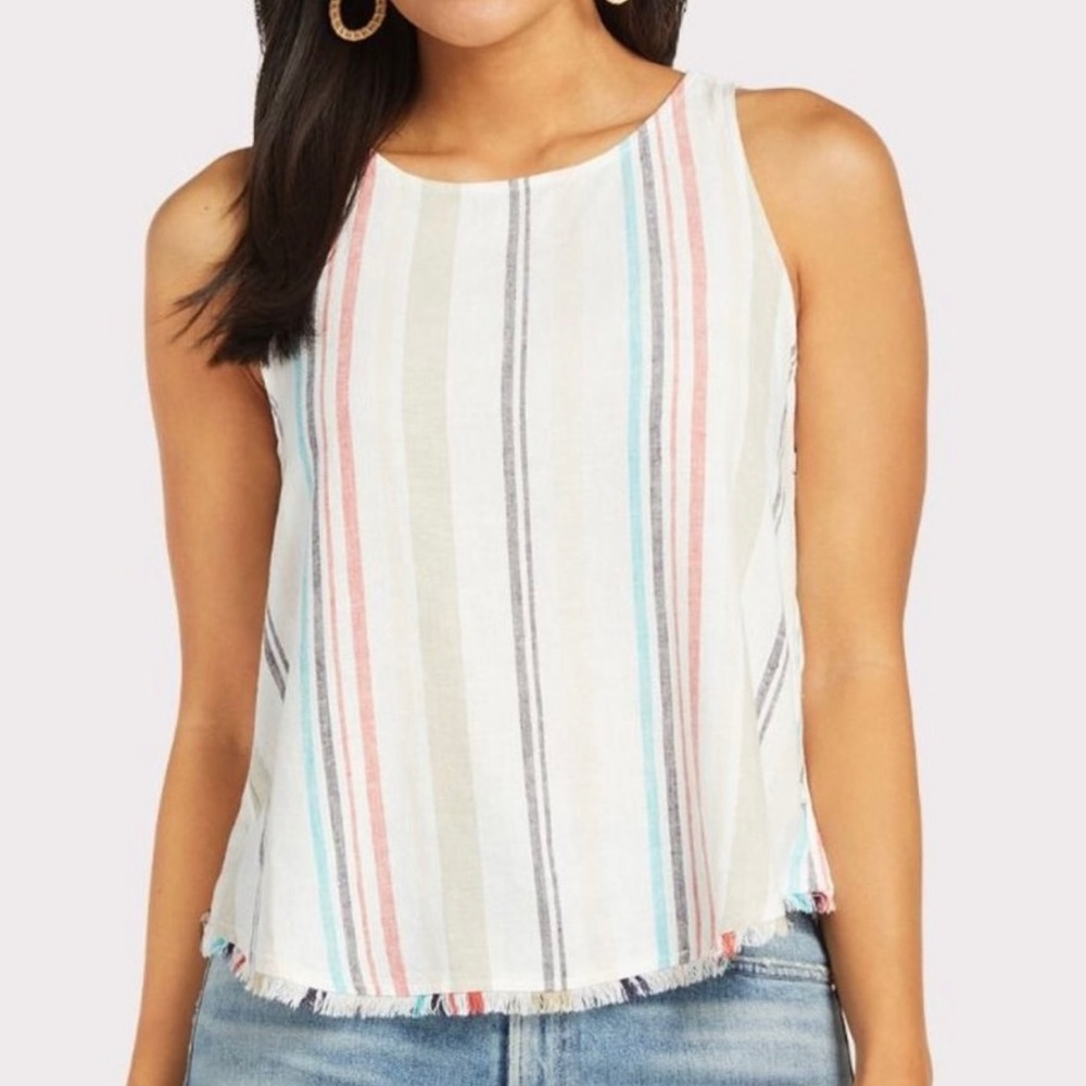 Cloth & Stone Sleeveless Striped Shirt With Frayed Hem